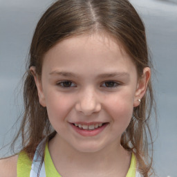 Joyful white child female with medium  brown hair and grey eyes