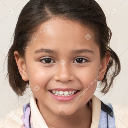 Joyful white child female with medium  brown hair and brown eyes