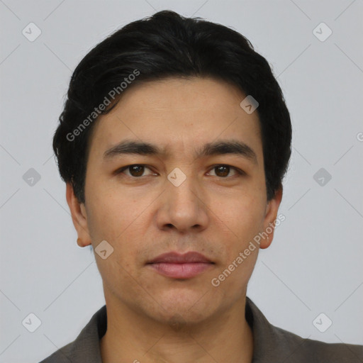 Neutral asian young-adult male with short  black hair and brown eyes