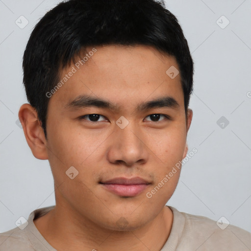 Neutral asian young-adult male with short  brown hair and brown eyes