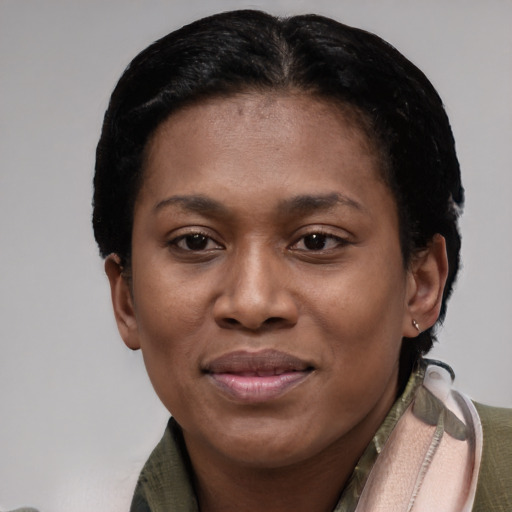 Joyful black young-adult female with short  black hair and brown eyes