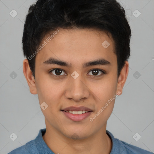 Joyful latino young-adult male with short  brown hair and brown eyes
