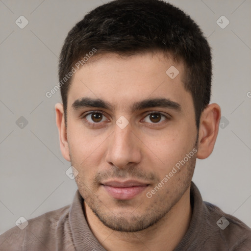 Neutral white young-adult male with short  brown hair and brown eyes