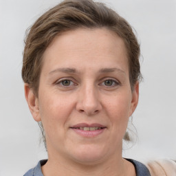 Joyful white adult female with medium  brown hair and grey eyes