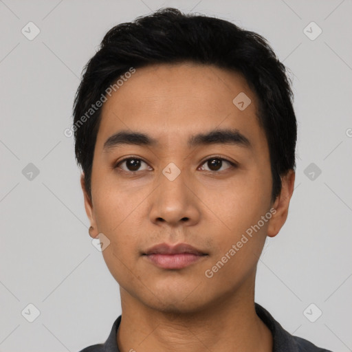 Neutral asian young-adult male with short  black hair and brown eyes