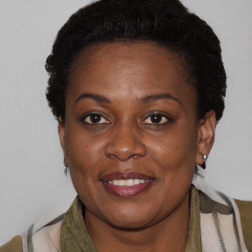Joyful black adult female with short  brown hair and brown eyes