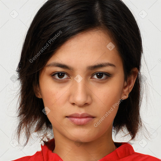 Neutral white young-adult female with medium  brown hair and brown eyes