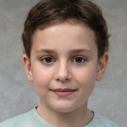 Joyful white child female with short  brown hair and brown eyes