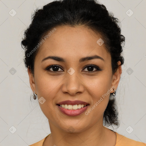 Joyful latino young-adult female with short  brown hair and brown eyes