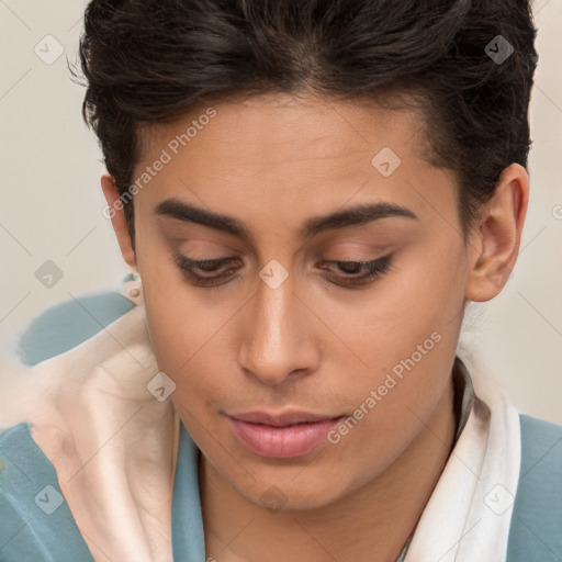 Neutral white young-adult female with short  brown hair and brown eyes