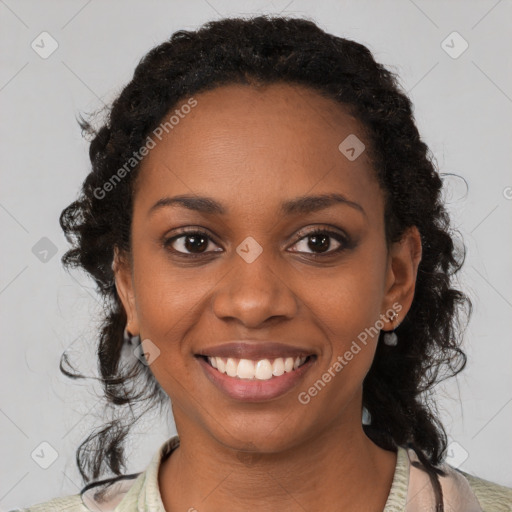 Joyful black young-adult female with medium  black hair and brown eyes