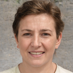 Joyful white adult female with short  brown hair and grey eyes