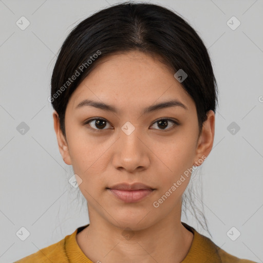 Neutral asian young-adult female with short  brown hair and brown eyes