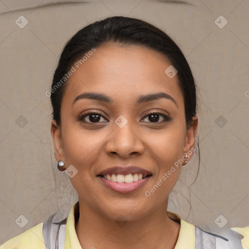 Joyful white young-adult female with short  black hair and brown eyes