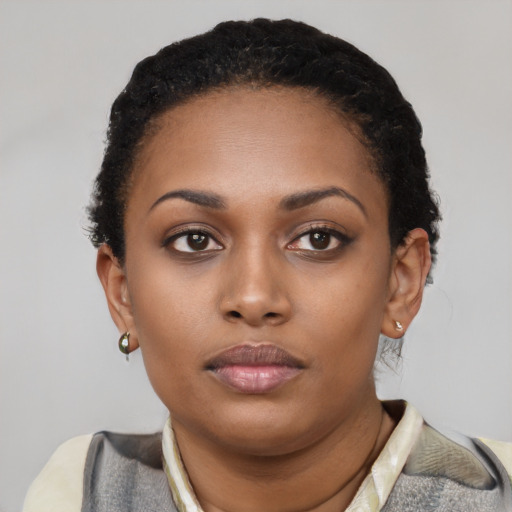 Neutral black young-adult female with short  black hair and brown eyes