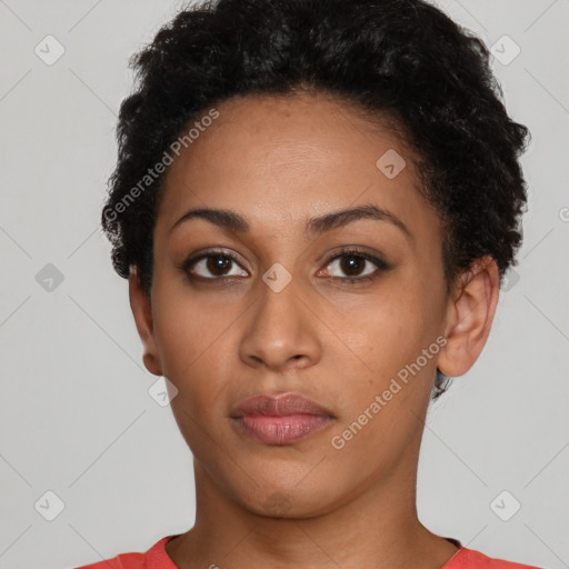 Neutral black young-adult female with short  black hair and brown eyes