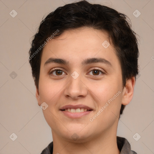 Joyful white young-adult female with short  brown hair and brown eyes