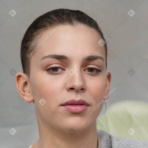 Neutral white young-adult female with short  brown hair and brown eyes