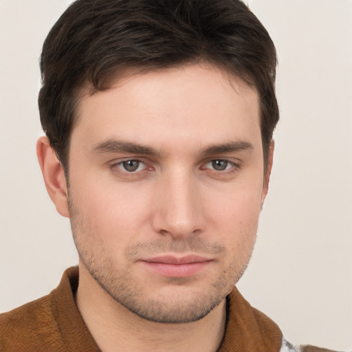 Neutral white young-adult male with short  brown hair and brown eyes