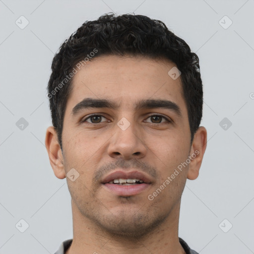 Neutral latino young-adult male with short  black hair and brown eyes