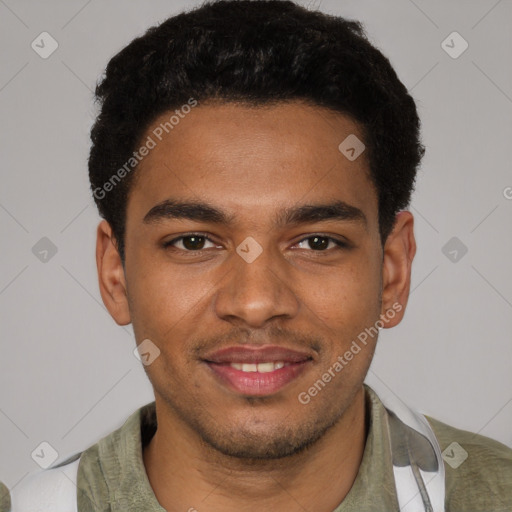 Joyful black young-adult male with short  brown hair and brown eyes