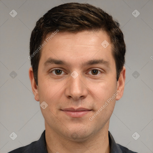 Joyful white young-adult male with short  brown hair and brown eyes