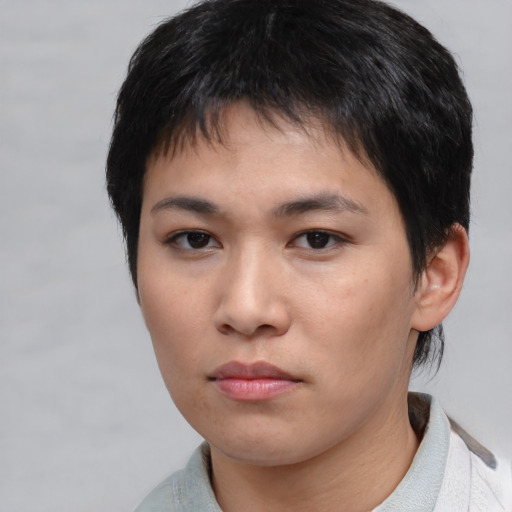 Neutral asian young-adult female with short  brown hair and brown eyes