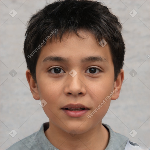 Joyful white child male with short  brown hair and brown eyes