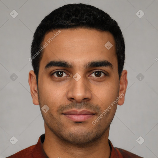 Neutral latino young-adult male with short  black hair and brown eyes