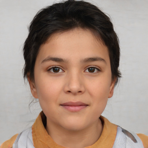 Joyful white child female with medium  brown hair and brown eyes