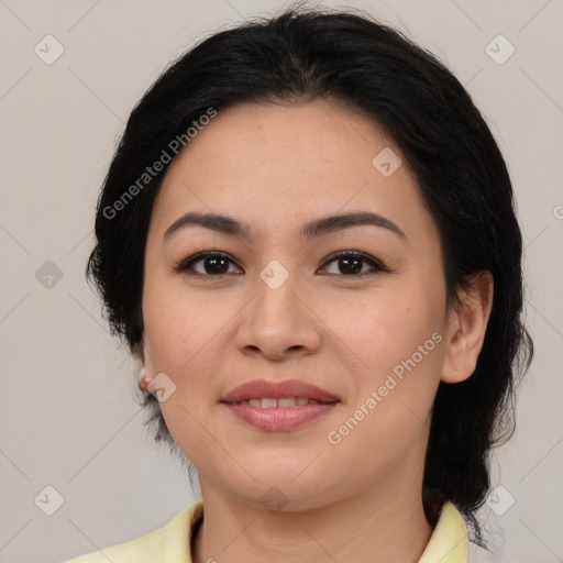 Joyful white young-adult female with medium  brown hair and brown eyes