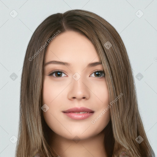 Neutral white young-adult female with long  brown hair and brown eyes