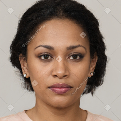 Joyful black young-adult female with medium  brown hair and brown eyes