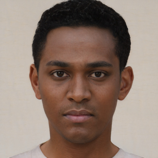 Neutral black young-adult male with short  black hair and brown eyes