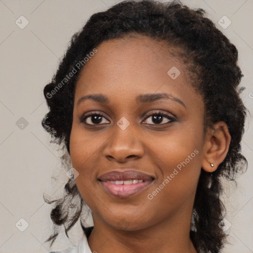 Joyful black young-adult female with medium  black hair and brown eyes