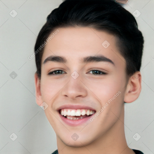 Joyful white young-adult male with short  black hair and brown eyes