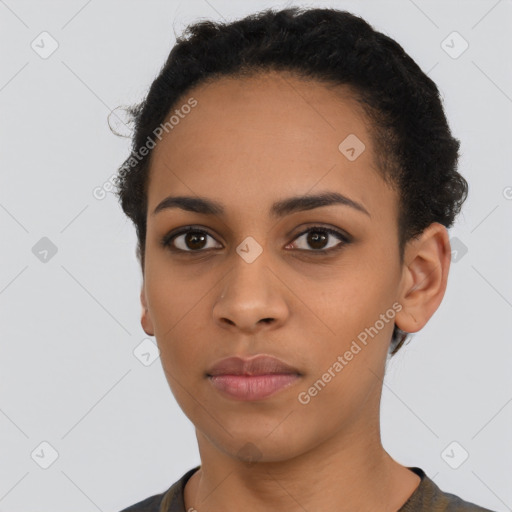 Neutral black young-adult female with short  black hair and brown eyes