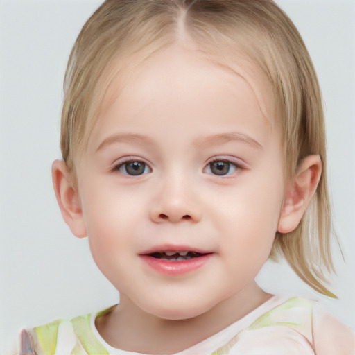 Joyful white child female with medium  blond hair and blue eyes