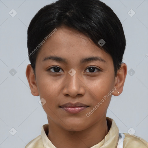 Joyful latino young-adult female with short  brown hair and brown eyes