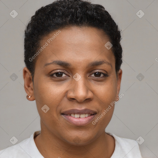 Joyful black young-adult female with short  brown hair and brown eyes