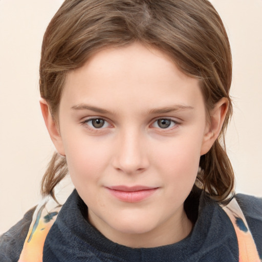 Joyful white child female with medium  brown hair and grey eyes