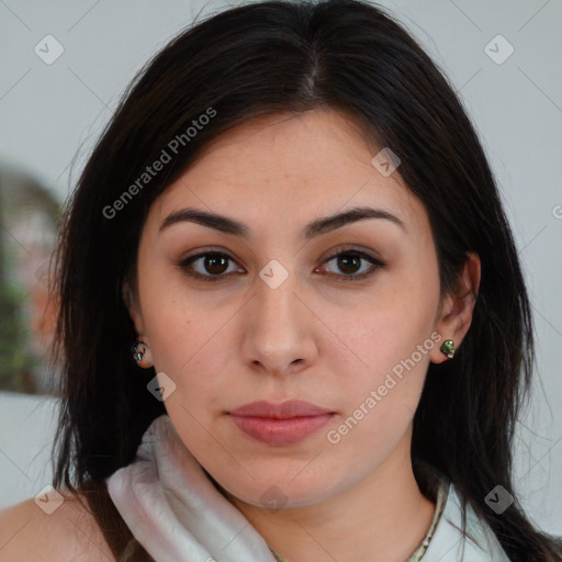 Neutral white young-adult female with medium  brown hair and brown eyes