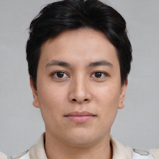 Neutral asian young-adult male with short  brown hair and brown eyes