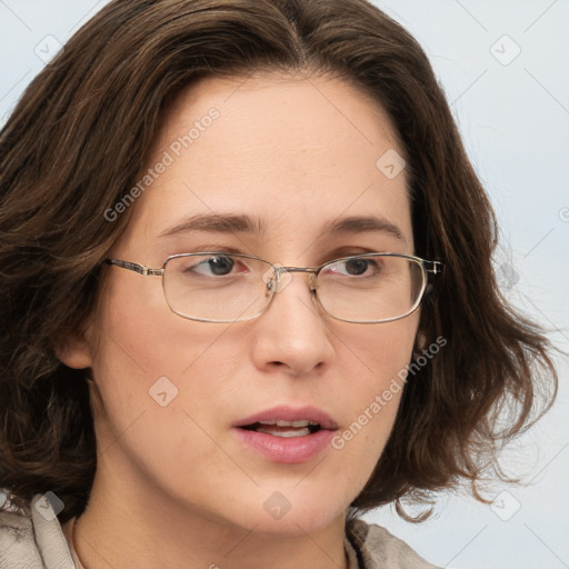 Neutral white young-adult female with medium  brown hair and grey eyes