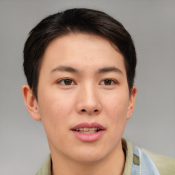 Joyful asian young-adult female with short  brown hair and brown eyes