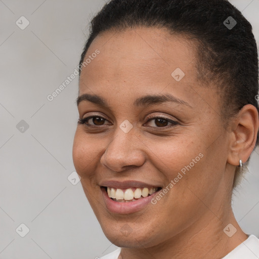 Joyful white young-adult female with short  brown hair and brown eyes