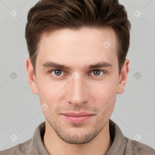 Neutral white young-adult male with short  brown hair and grey eyes