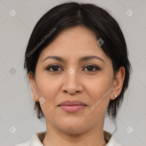 Joyful white adult female with medium  brown hair and brown eyes