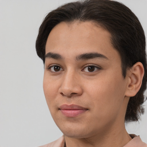 Joyful white young-adult male with medium  brown hair and brown eyes