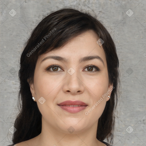 Joyful white young-adult female with medium  brown hair and brown eyes